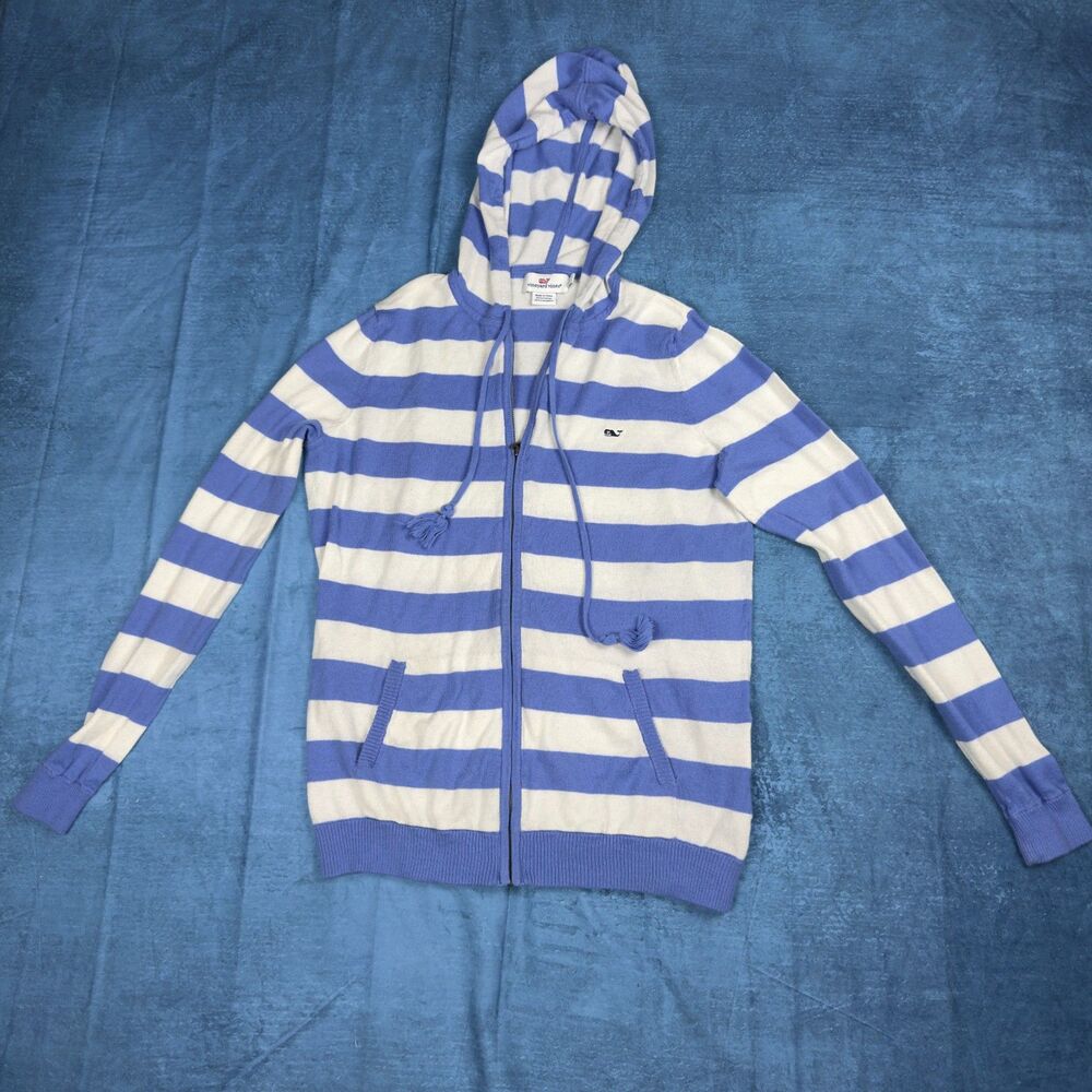 Y2K Vineyard Vines Striped Zip Hoodie Womens Small Blue White Whale